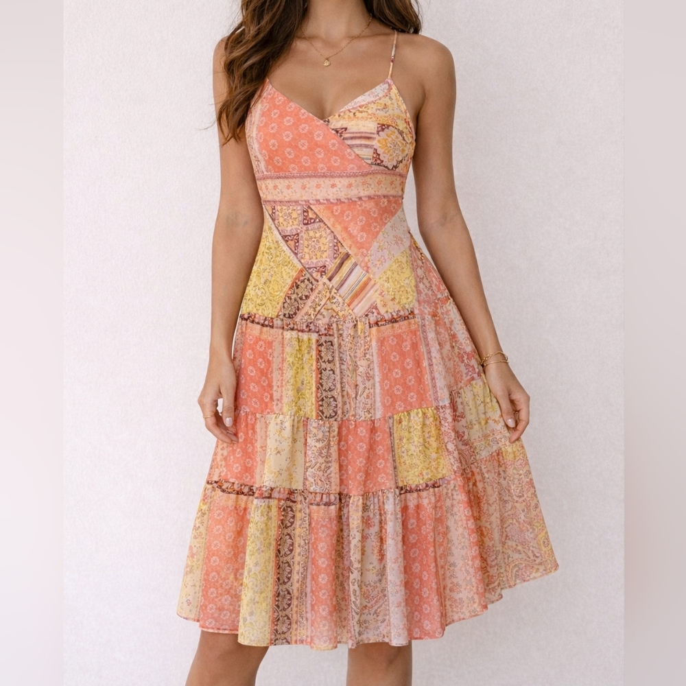JUST KIDDING Romantic Chiffon Patchwork Spaghetti Strap Slip Dress